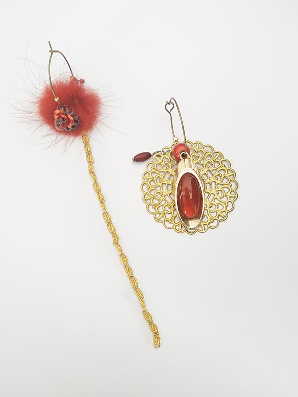 Boucles D'Oreilles Éventail Chinoises - Design Vintage Avec Pompons, Asymétriques, Alliage